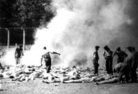 Members of the Sonderkommando at the cremation pits behind
Crematory V. The photo was taken by the resistance organization during the 'Hungarian Action' in the summer
of 1944 and smuggeled out of the camp.